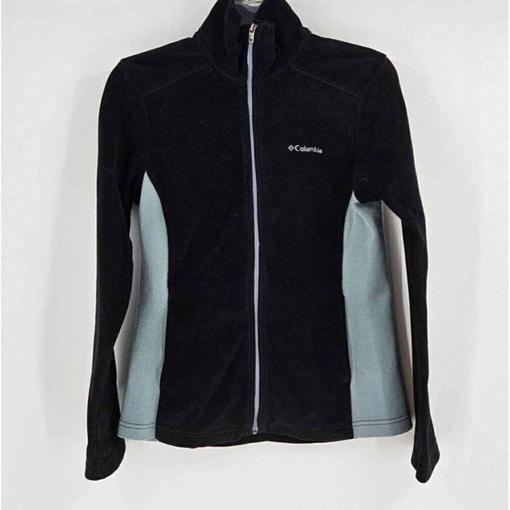 Columbia Fleece Zip Front Jacket Black w/Slate Blue Stretch Sides Sz XS